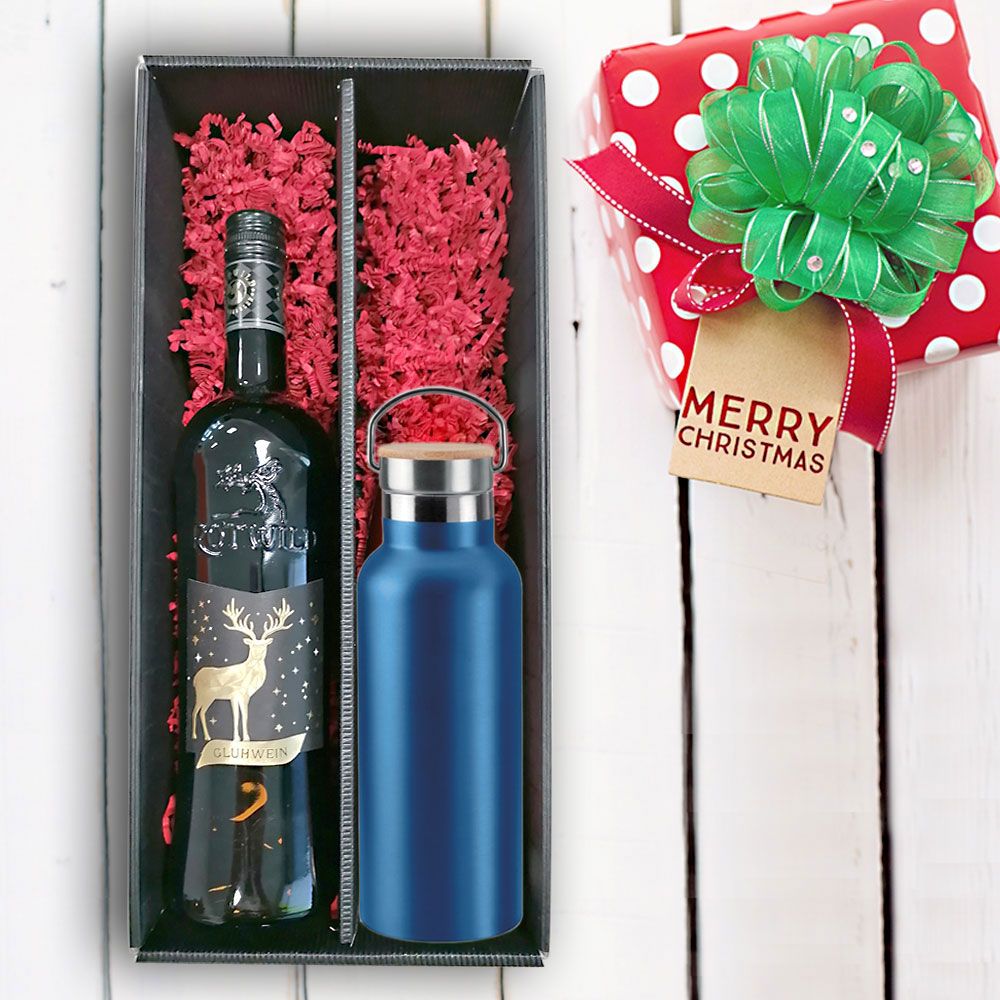 Praktisches Glühwein-Geschenk-Set mit gravierter Isolierflasche 