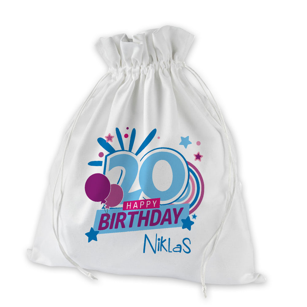 Geschenksäckchen mit Namen zum 20. Geburtstag bedruckt 