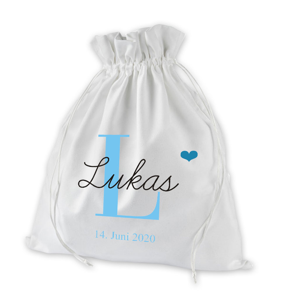 Personalisiertes Geschenksäckchen für Jungen mit Initial, Namen und Datum 