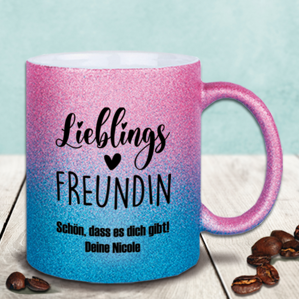 Geschenkset mit personalisierter Glitzerflasche und Glitzertasse für die Freundin 