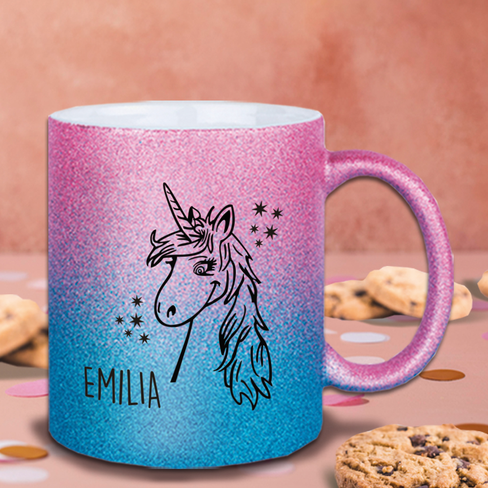 Set aus Glitzerflasche und Glitzertasse für Kinder mit Namen bedruckt 