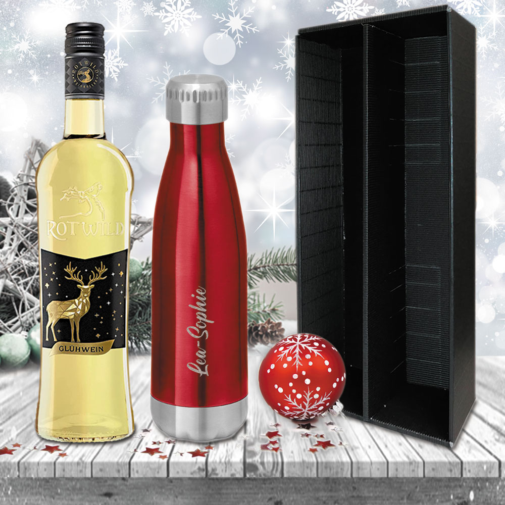 Praktisches Glühwein-Geschenk-Set mit gravierter Isolierflasche 