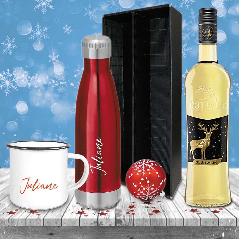 Glühwein-Geschenk-Set mit Isolierflasche, Emailletasse und Glühwein 