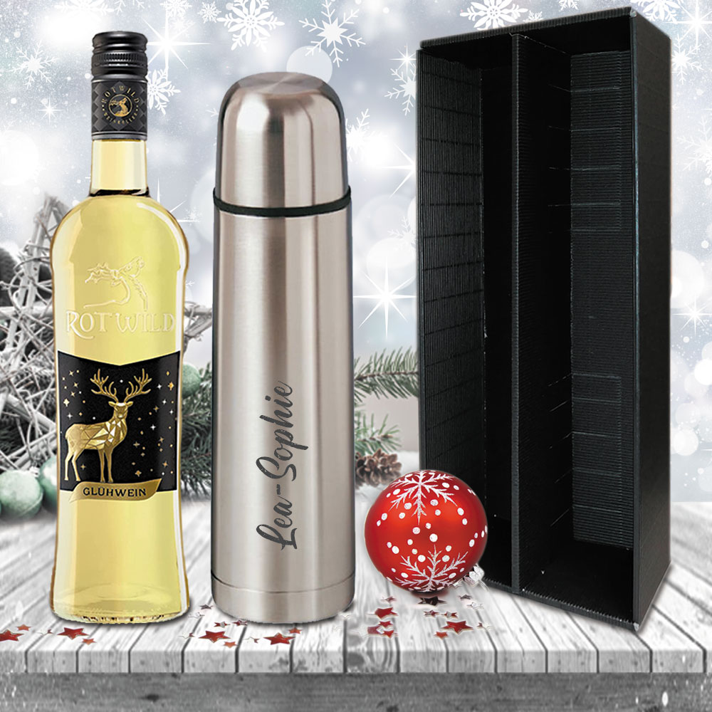 Gravierte Isolierflasche im Glühwein-Geschenk-Set 