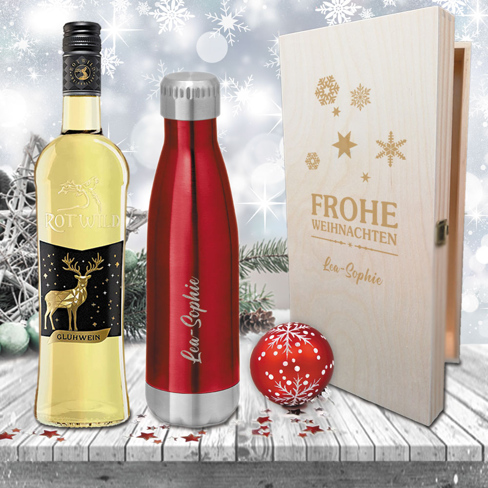 Edles Glühwein-Geschenk-Set mit gravierter Isolierflasche in Holzkiste 