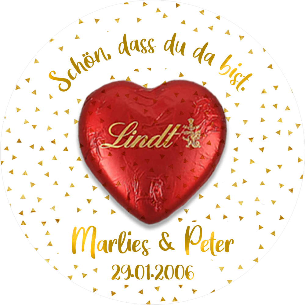 Personalisierte Karte als Gastgeschenk mit Schoko-Herz von Lindt 