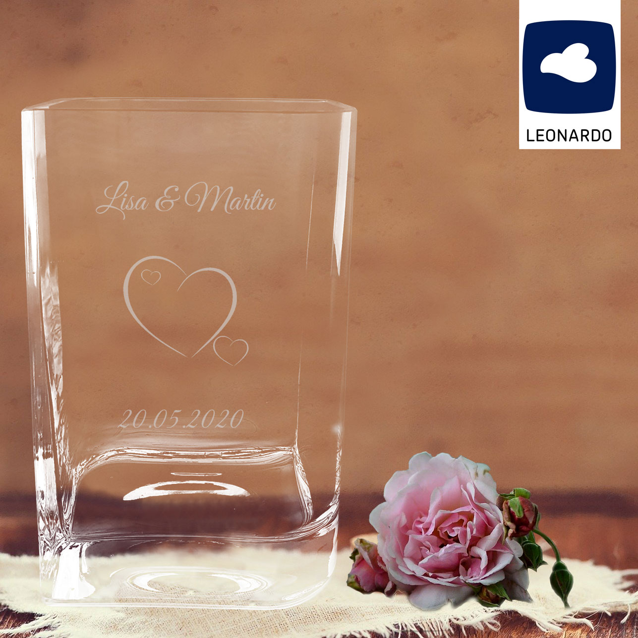 Blumenvase Leonardo graviert mit Herz, Namen und Datum 