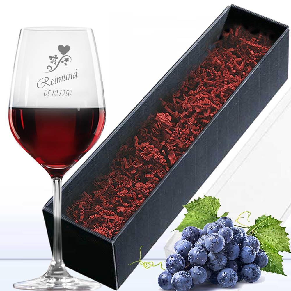Rotweinglas mit Namen graviert mit Geschenkkasette (schwarz)