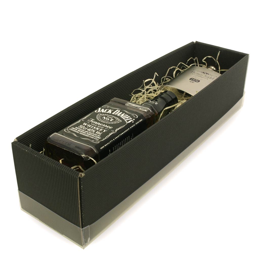 Jack Daniel's Whisky mit Flachmann und Totenkopf Gravur 