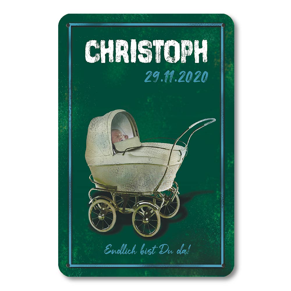 Zur Geburt! Nostalgieschild mit Namen, Datum und Text! 