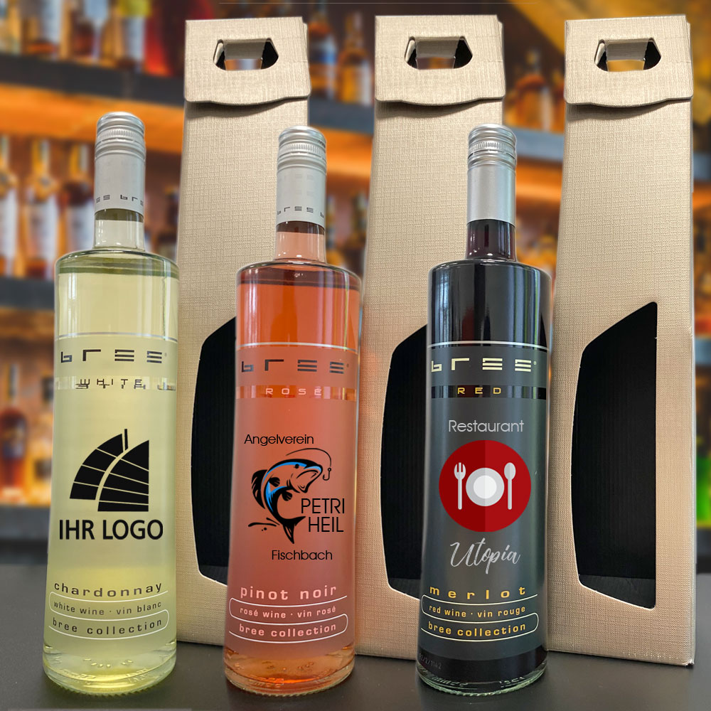 Bedruckte Weißweinflasche mit Logo und Verpackung (optional) 