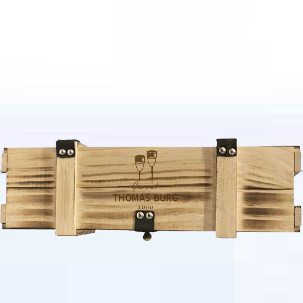 Holzkiste für Präsente geflammt 1er Wein-Motive