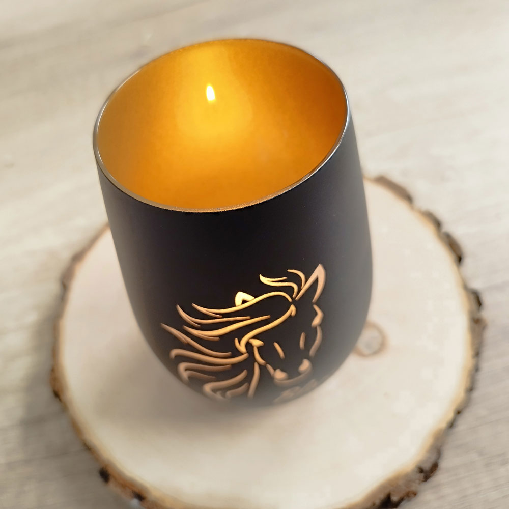 Windlicht Pferd mit Namen personalisiert, graviert schwarz gold
