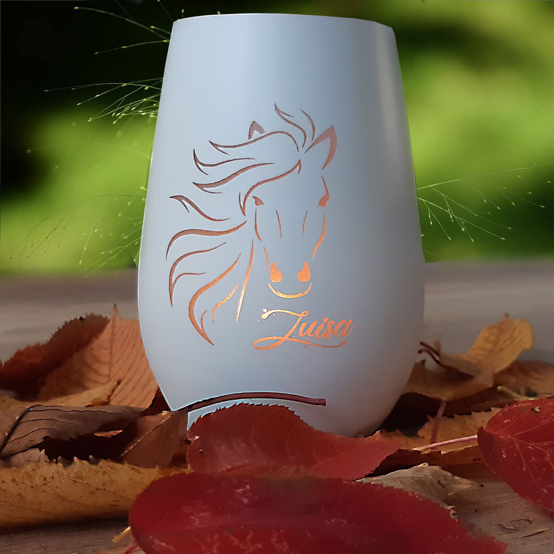 Windlicht Pferd mit Namen personalisiert, graviert weiß gold