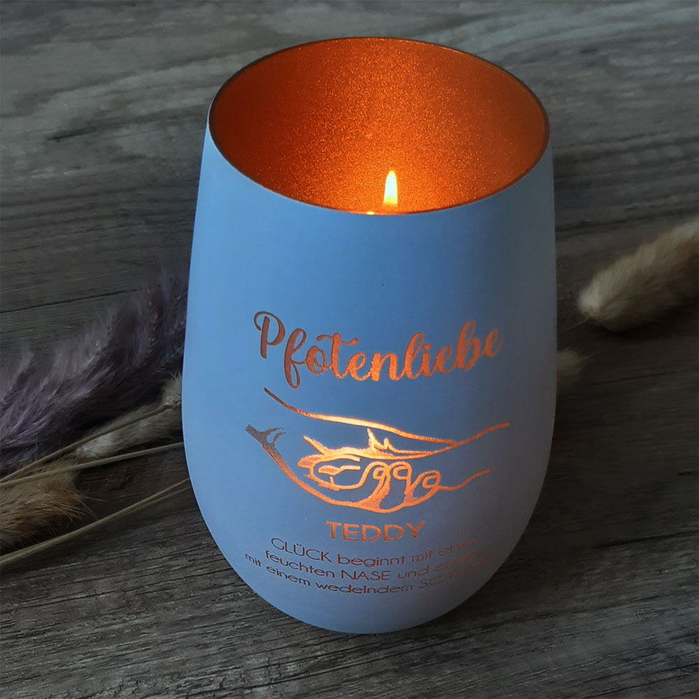 Tolles Windlicht für Hundeliebhaber, graviert mit Name und Spruch 