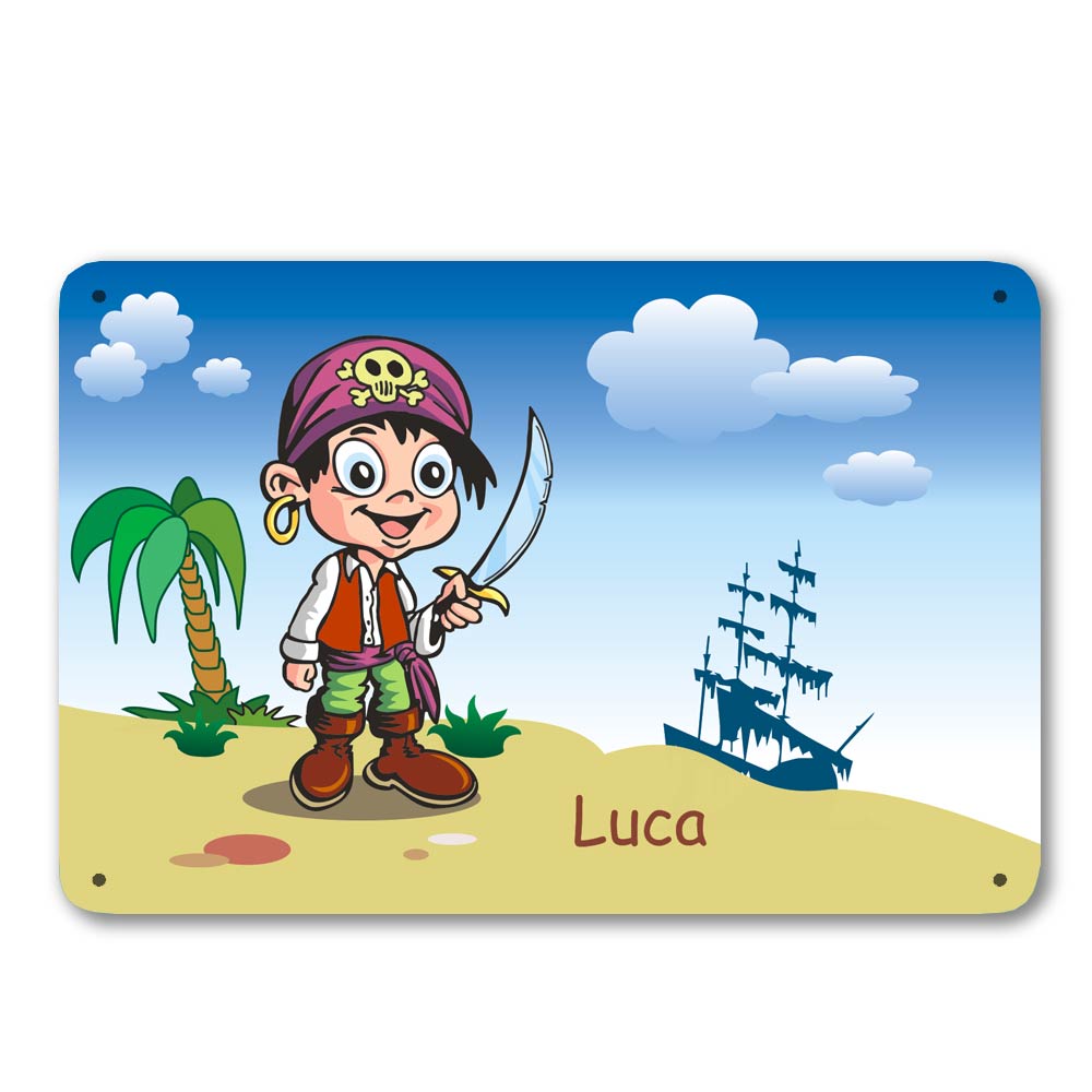 Schönes Blechschild mit Pirat und eigenem Namen 