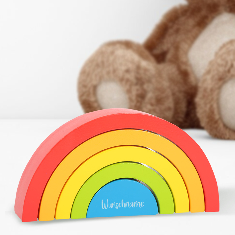 Personalisiertes Holzspielzeug Regenbogen mit Namen graviert zur Geburt 