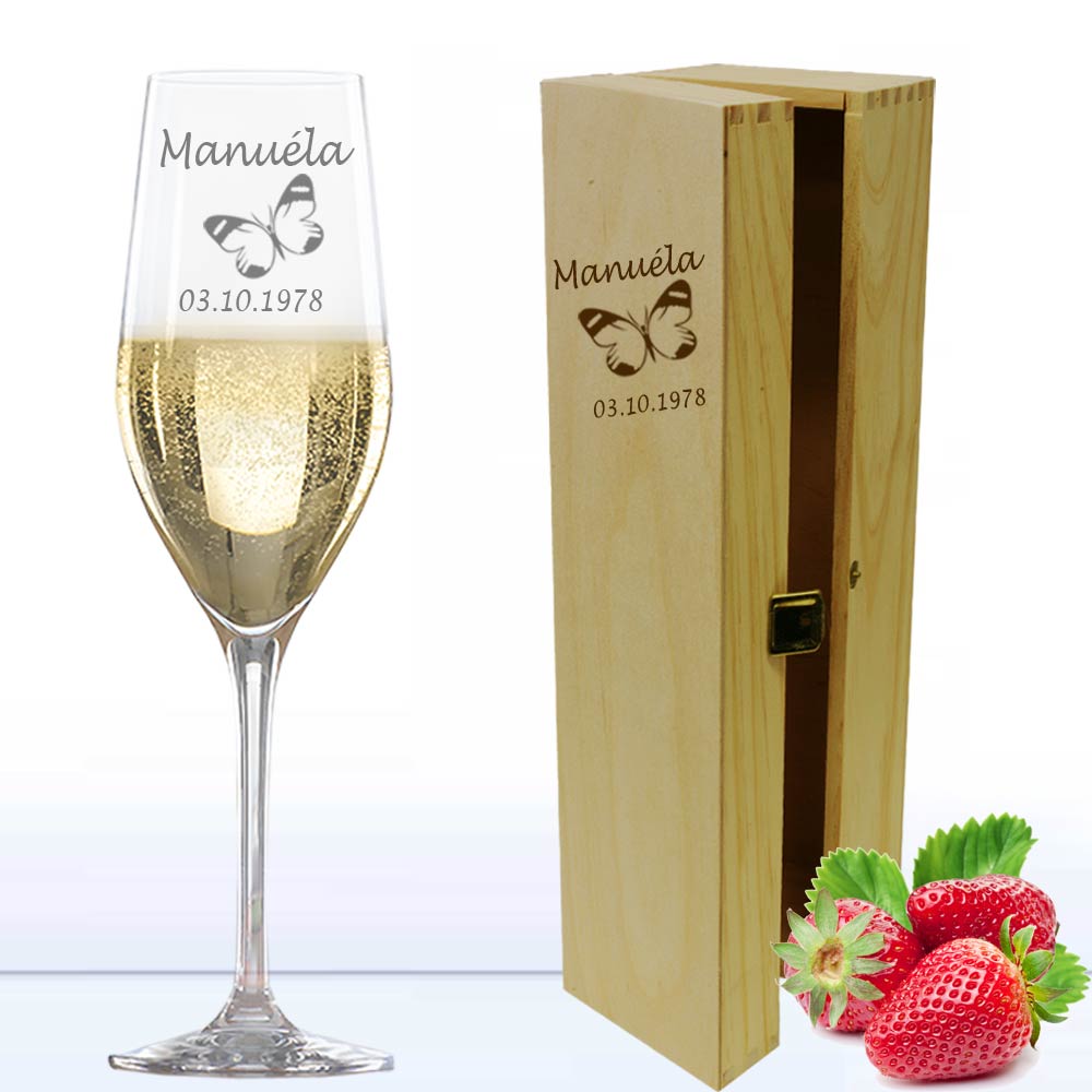 Gläser mit Gravur Sektglas in Holzkiste 
