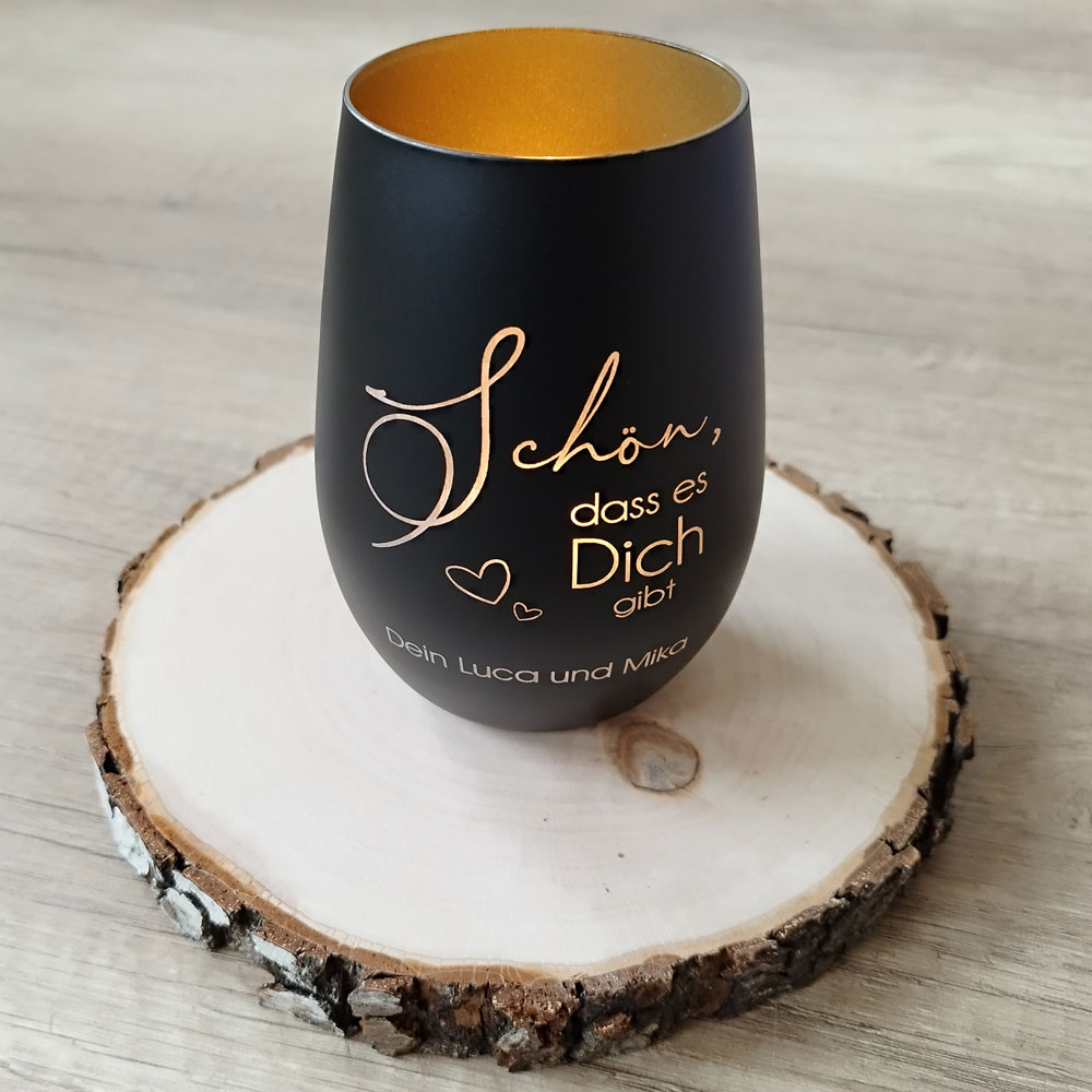 Windlicht mit Gravur "Schön dass es Dich gibt" Geschenkidee für Freunde Schwarz-Gold