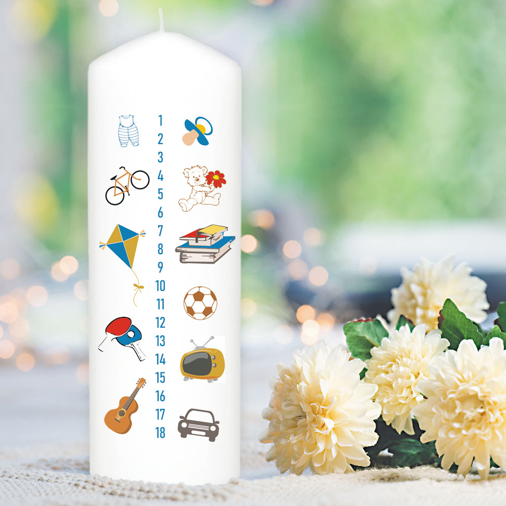 Kerze zur Geburt / Lebenskerze für Jungen individuell bedruckt in blau 