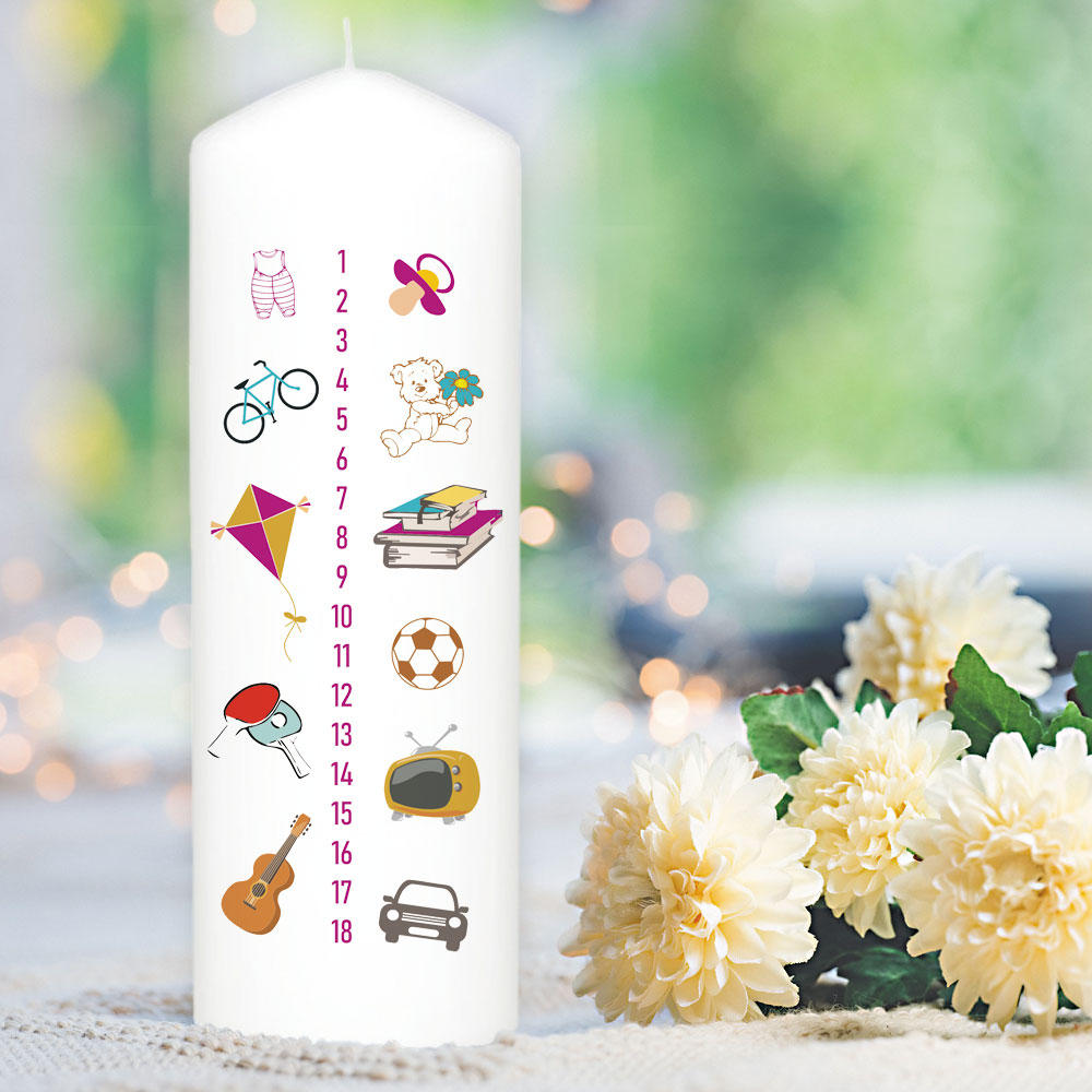 Wunderschön bedruckte Kerze zur Geburt / Lebenskerze für Mädchen - pink 