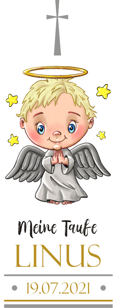 Taufkerze / Kerze zur Taufe Engelmotiv, Wunschnamen und Datum 