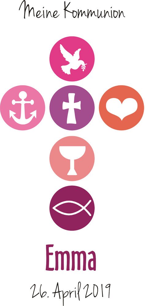 Kommunionskerze exklusiv bedruckt mit Symbolen, Namen und Datum 