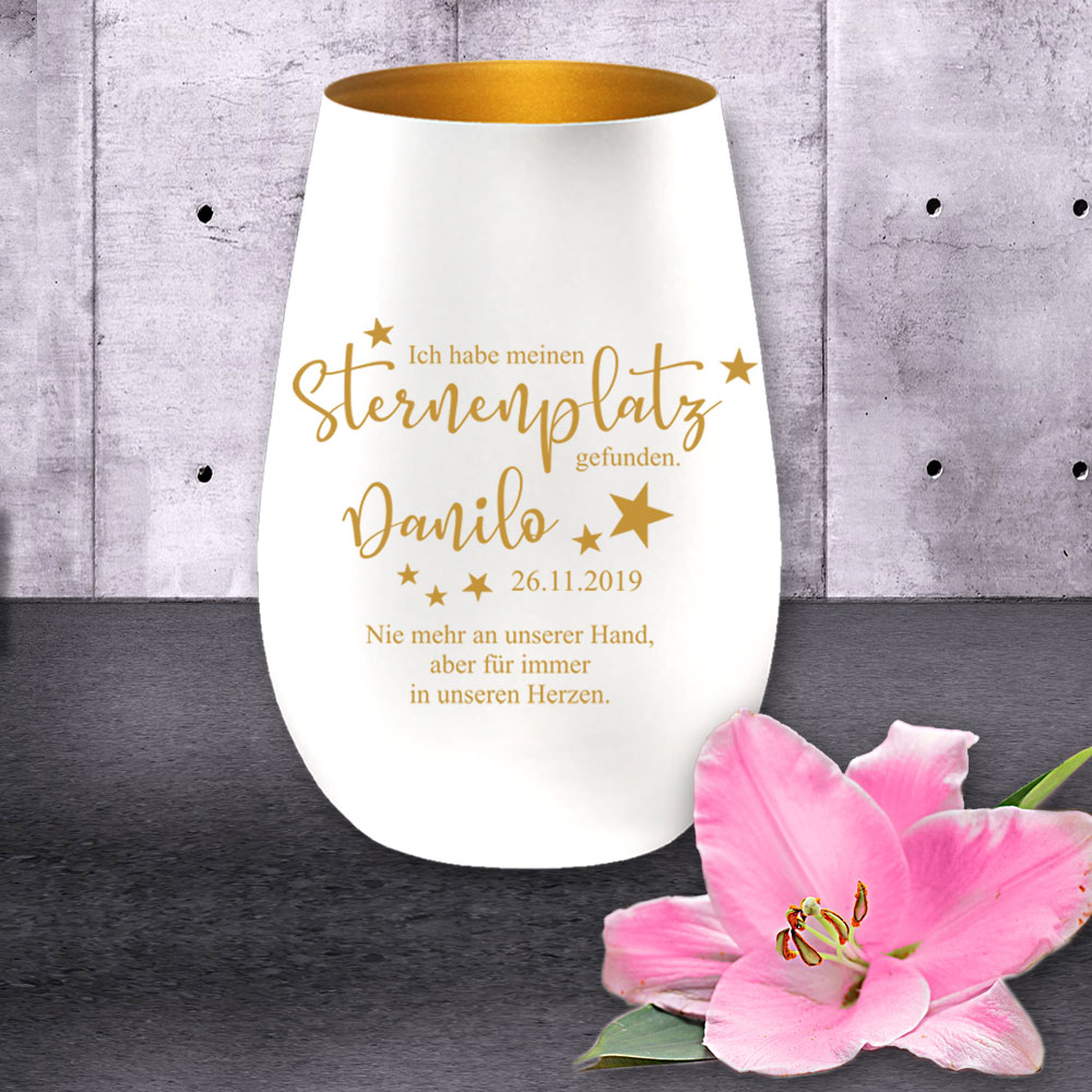 Windlicht/Gedenklicht Sterne mit Name, Datum und Wunschtext graviert 