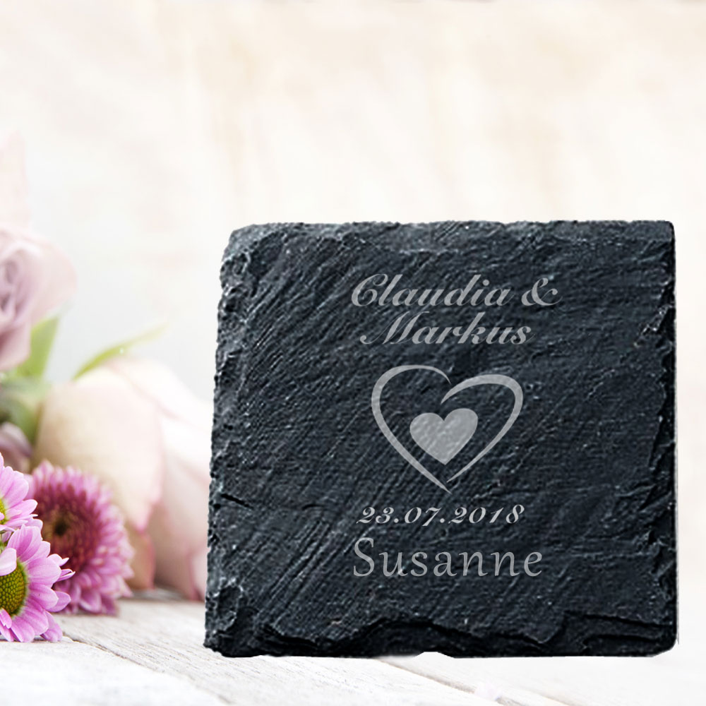 gravierter Schiefer Untersetzer mit Herz als Gastgeschenk nur Brautpaar