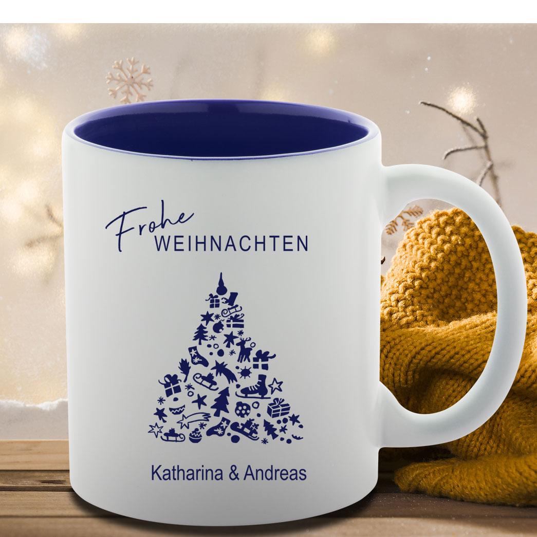 Gravierte Keramik-Tasse mit Weihnachtsmotiv und Namen 