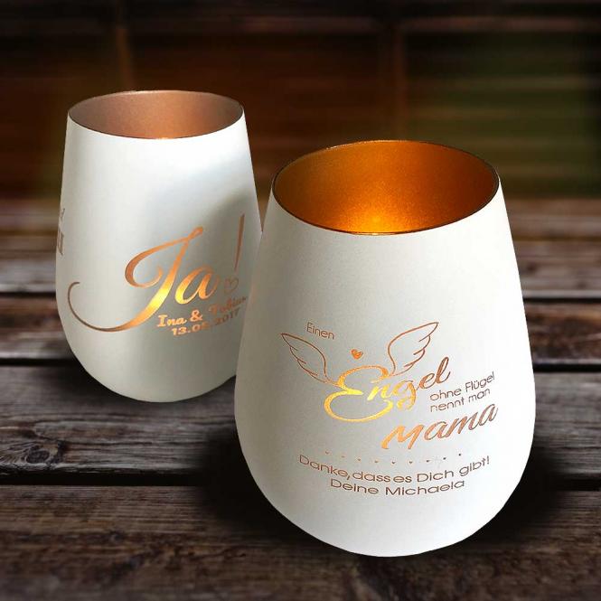 Windlicht / Teelicht / Kerzenhalter mit eigenem Logo / Design weiß-gold | Gravur