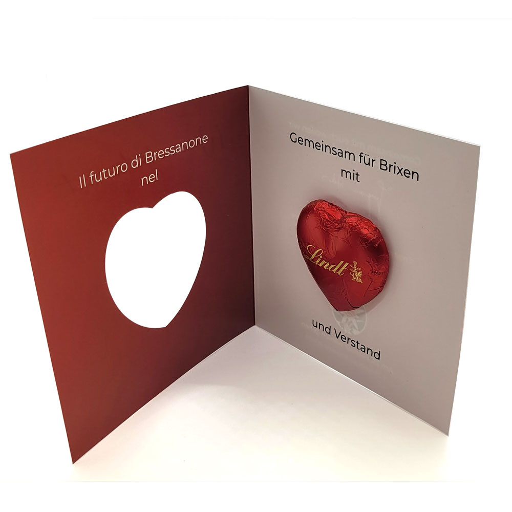 Gruß-Karte Klappkarte mit Lindt Schoko-Herz  individuell mit Logo bedrucken 