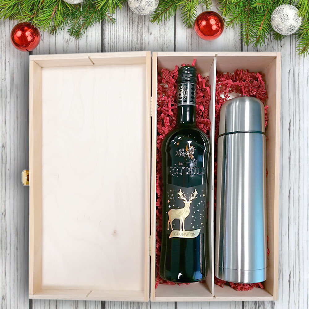 Exklusiv gravierte Isolierflasche im Glühwein-Geschenk-Set 