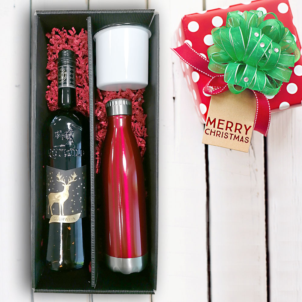 Glühwein-Geschenk-Set mit Isolierflasche, Emailletasse und Glühwein 