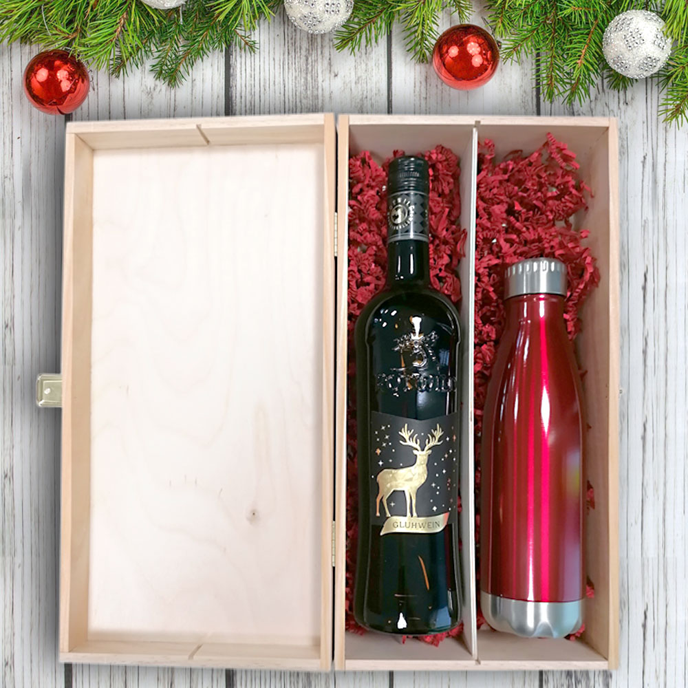 Edles Glühwein-Geschenk-Set mit gravierter Isolierflasche in Holzkiste 