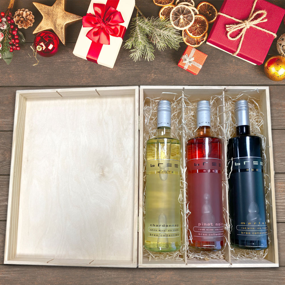 Weihnachtliches Wein-Geschenk-Set in individuell bedruckter Holzbox 