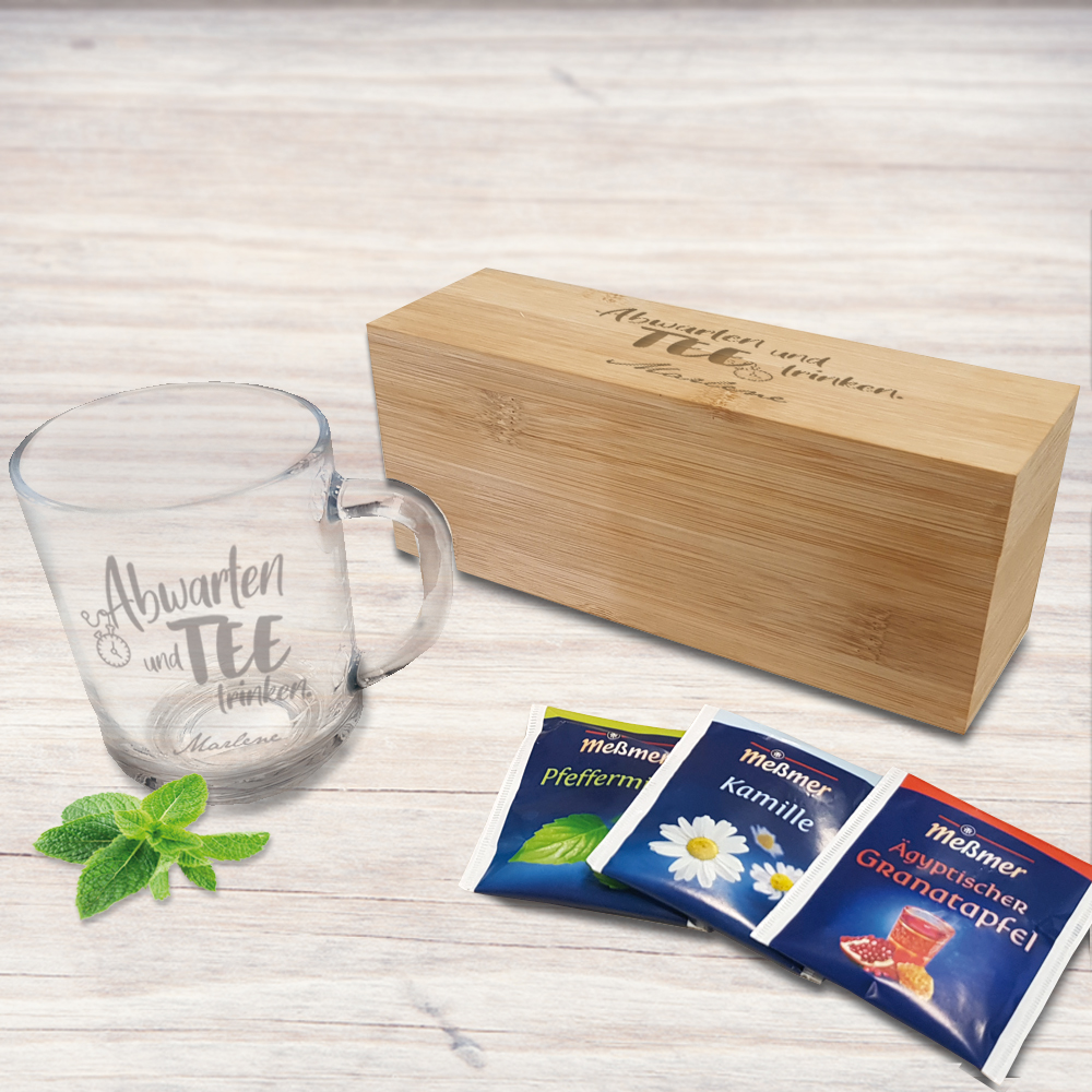 Persönliches Tee Geschenkset mit Tasse und Teebox individuell graviert 