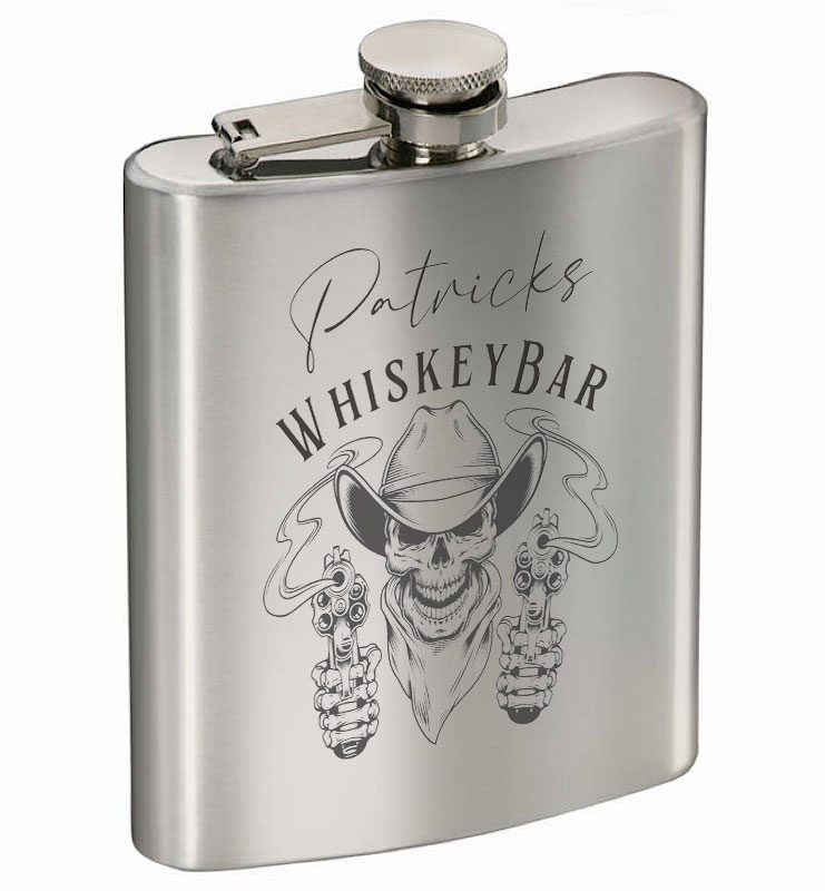 Jack Daniel's Whisky mit Flachmann und Totenkopf Gravur 