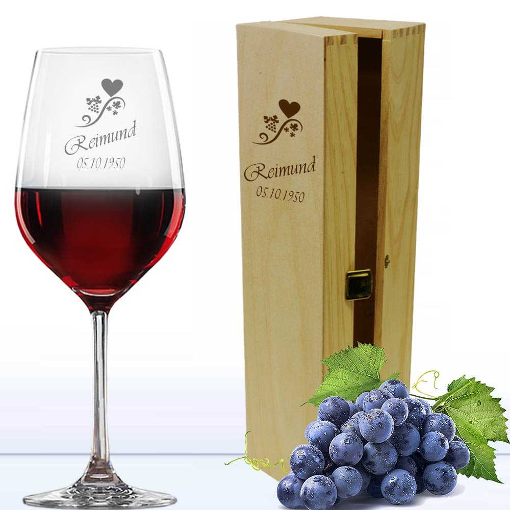 Rotweinglas mit Namen graviert mit Geschenkkasette (schwarz)