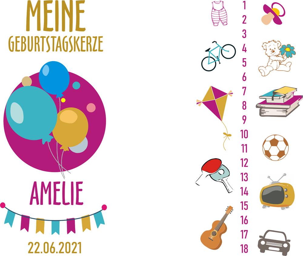 Wunderschön bedruckte Kerze zur Geburt / Lebenskerze für Mädchen - pink 