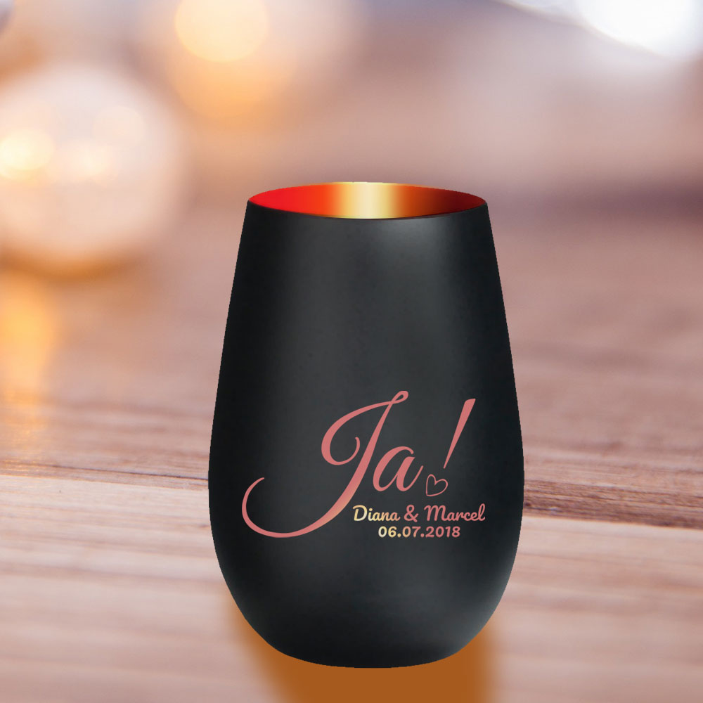 Windlicht / Teelicht / Kerzenhalter mit eigenem Logo / Design schwarz-rot | Gravur