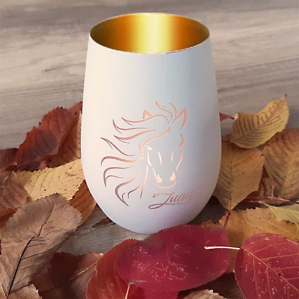 Windlicht Pferd mit Namen personalisiert, graviert weiß gold