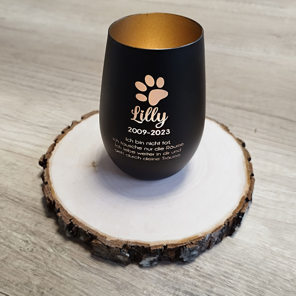 Windlicht/Trauerlicht in verschiedenen Farben mit Gravur für dein Haustier schwarz gold