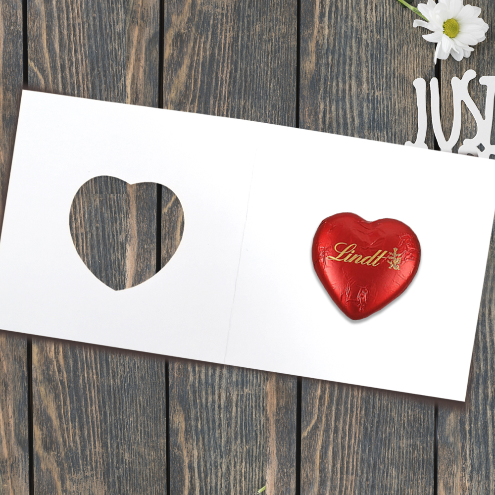 Individuell bedruckte Karte mit Lindt Schoko-Herz als Gastgeschenk 