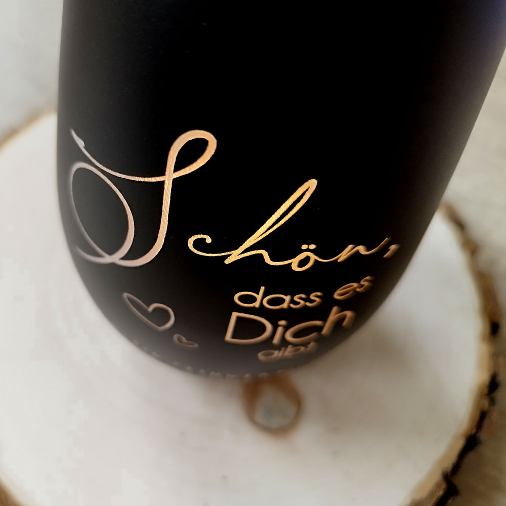 Windlicht mit Gravur "Schön dass es Dich gibt" Geschenkidee für Freunde Schwarz-Gold