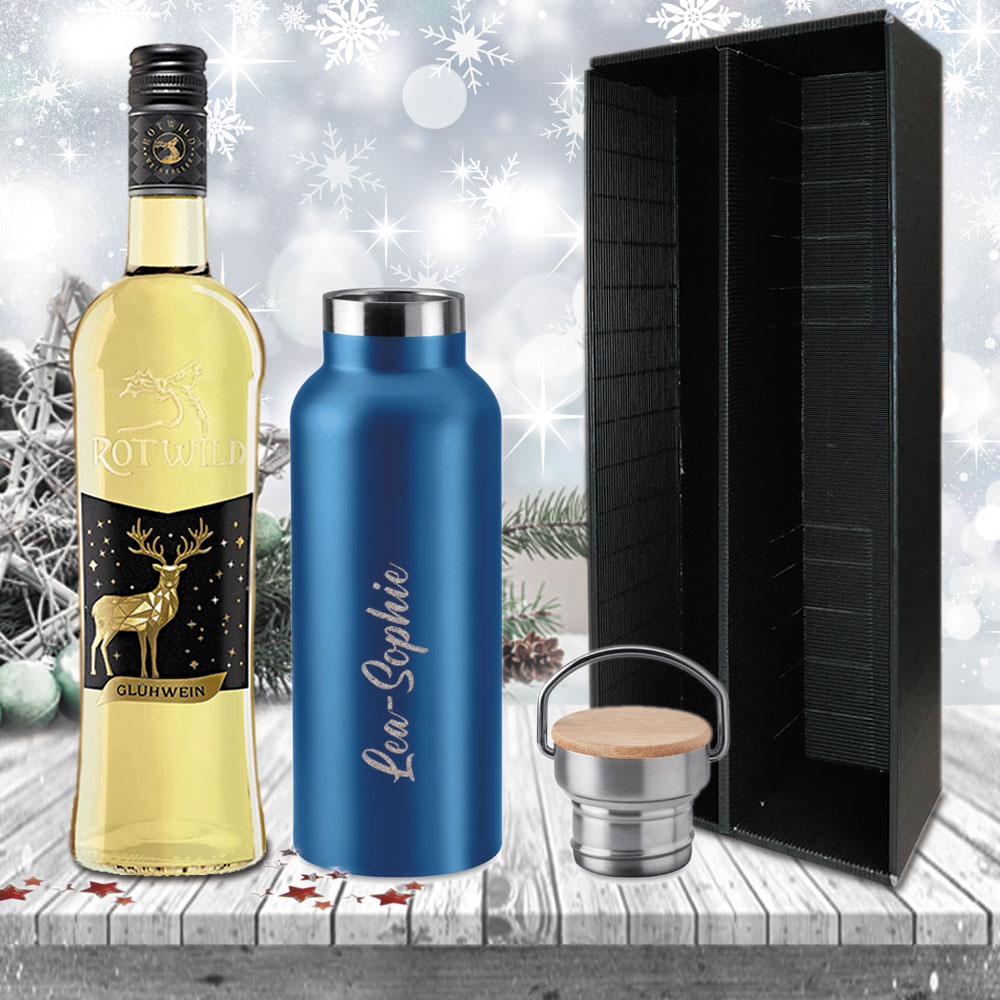 Praktisches Glühwein-Geschenk-Set mit gravierter Isolierflasche 