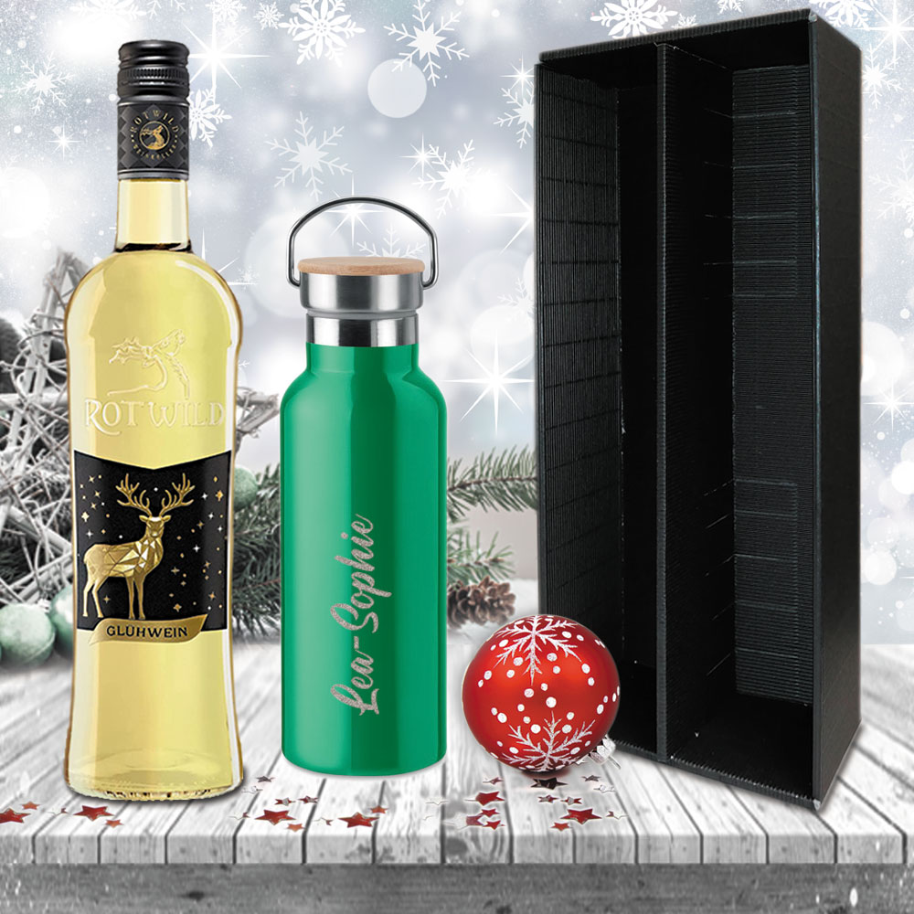 Praktisches Glühwein-Geschenk-Set mit gravierter Isolierflasche 