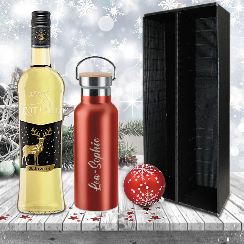 Praktisches Glühwein-Geschenk-Set mit gravierter Isolierflasche 