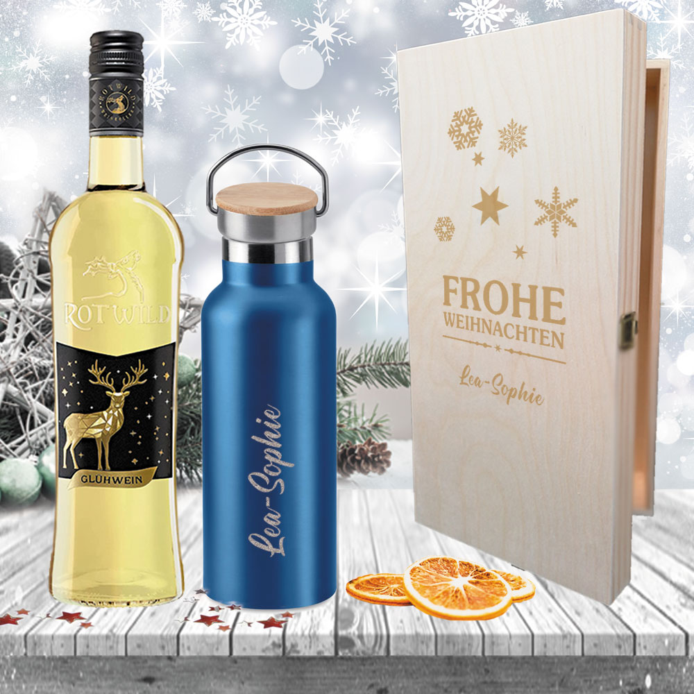 Edles Glühwein-Geschenk-Set mit gravierter Isolierflasche in Holzkiste 