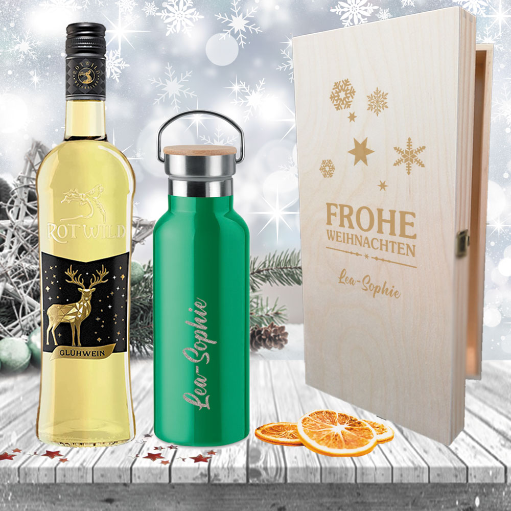 Edles Glühwein-Geschenk-Set mit gravierter Isolierflasche in Holzkiste 